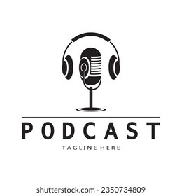 podcast logo with microphone and earphone audio, radio waves. for studio, talk show, chat, information sharing, interview, multimedia and web.