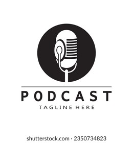 podcast logo with microphone and earphone audio, radio waves. for studio, talk show, chat, information sharing, interview, multimedia and web.