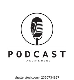 podcast logo with microphone and earphone audio, radio waves. for studio, talk show, chat, information sharing, interview, multimedia and web.