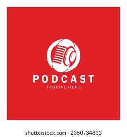 podcast logo with microphone and earphone audio, radio waves. for studio, talk show, chat, information sharing, interview, multimedia and web.