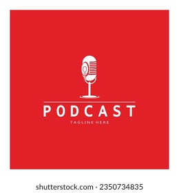 podcast logo with microphone and earphone audio, radio waves. for studio, talk show, chat, information sharing, interview, multimedia and web.