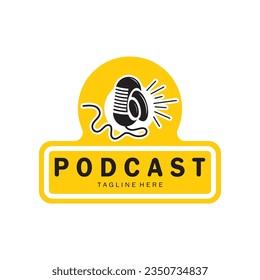 podcast logo with microphone and earphone audio, radio waves. for studio, talk show, chat, information sharing, interview, multimedia and web.