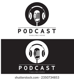 podcast logo with microphone and earphone audio, radio waves. for studio, talk show, chat, information sharing, interview, multimedia and web.