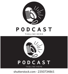 podcast logo with microphone and earphone audio, radio waves. for studio, talk show, chat, information sharing, interview, multimedia and web.