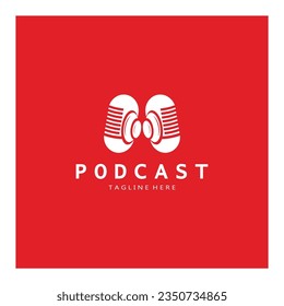 podcast logo with microphone and earphone audio, radio waves. for studio, talk show, chat, information sharing, interview, multimedia and web.