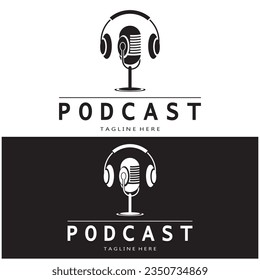 podcast logo with microphone and earphone audio, radio waves. for studio, talk show, chat, information sharing, interview, multimedia and web.
