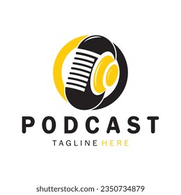 podcast logo with microphone and earphone audio, radio waves. for studio, talk show, chat, information sharing, interview, multimedia and web.