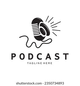 podcast logo with microphone and earphone audio, radio waves. for studio, talk show, chat, information sharing, interview, multimedia and web.