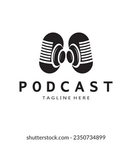 podcast logo with microphone and earphone audio, radio waves. for studio, talk show, chat, information sharing, interview, multimedia and web.