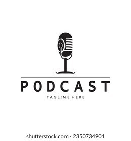 logotipo de podcast con audio para micrófono y auriculares, ondas de radio. para estudio, talk show, chat, intercambio de información, entrevista, multimedia y web.