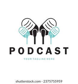 podcast logo with microphone and earphone audio, radio waves. for studio, talk show, chat, information sharing, interview, multimedia and web.