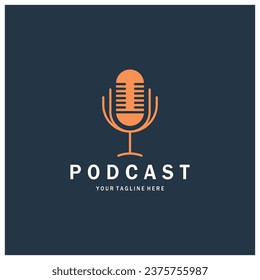 podcast logo with microphone and earphone audio, radio waves. for studio, talk show, chat, information sharing, interview, multimedia and web.