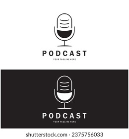 podcast logo with microphone and earphone audio, radio waves. for studio, talk show, chat, information sharing, interview, multimedia and web.