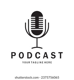 podcast logo with microphone and earphone audio, radio waves. for studio, talk show, chat, information sharing, interview, multimedia and web.