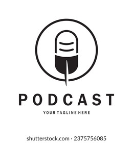 podcast logo with microphone and earphone audio, radio waves. for studio, talk show, chat, information sharing, interview, multimedia and web.
