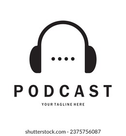 podcast logo with microphone and earphone audio, radio waves. for studio, talk show, chat, information sharing, interview, multimedia and web.