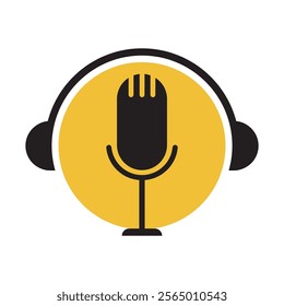 podcast logo with microphone and earphone audio, radio waves. for studio, talk show, chat, information sharing, interview, multimedia.