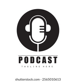 podcast logo with microphone and earphone audio, radio waves. for studio, talk show, chat, information sharing, interview, multimedia.