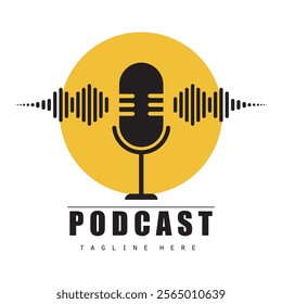 podcast logo with microphone and earphone audio, radio waves. for studio, talk show, chat, information sharing, interview, multimedia.