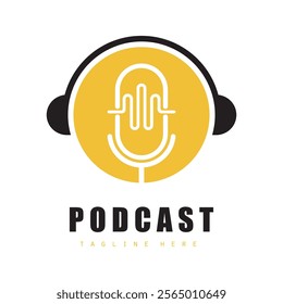 podcast logo with microphone and earphone audio, radio waves. for studio, talk show, chat, information sharing, interview, multimedia.