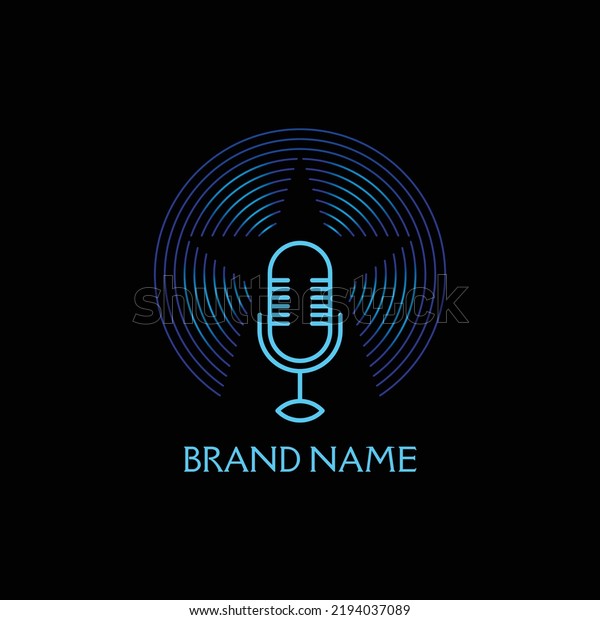 Podcast logo microphone with\
gradient concentric halo in the background that cut into a\
pentagram star. Blue color logo design for company or personal\
branding. EPS10