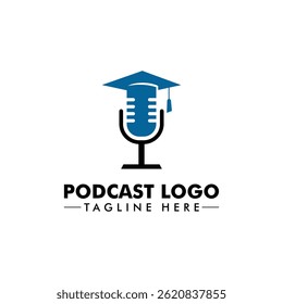 Podcast logo with microphone and graduation hat illustration vector graphic