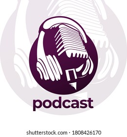 podcast logo. microphone with headphone concept. editable vector illustration