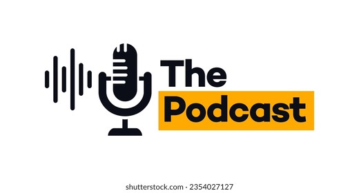 Podcast logo. The microphone icon. Studio microphone table broadcast podcast symbol for entertainment business.