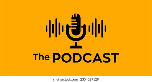 Podcast logo. The microphone icon. Studio microphone table broadcast podcast symbol for entertainment business.