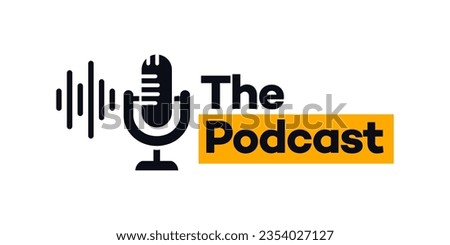 Podcast logo. The microphone icon. Studio microphone table broadcast podcast symbol for entertainment business.