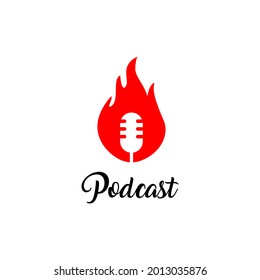 Logo de podcast con objeto de micrófono, de estilo moderno y objeto de fuego ardiente. Podcast de emisión de escritorio de micrófono Studio.