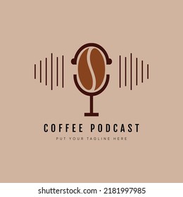 Podcast Logo, Radio Logo, Microphone Logo With Coffee Logo and Sound or Volume Illustration Design