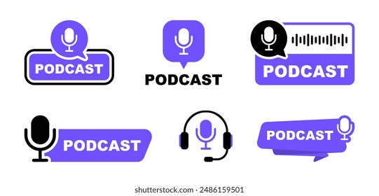 Podcast logo set. The microphone icon. Podcast radio icon. Studio microphone with webcast. Audio record concept. Vector illustration.