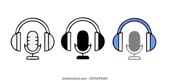 Podcast logo set. The microphone icon. Podcast radio icon. Studio microphone with webcast. Audio record concept. Vector illustration.