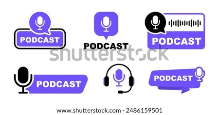 Podcast logo set. The microphone icon. Podcast radio icon. Studio microphone with webcast. Audio record concept. Vector illustration.