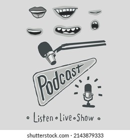Podcast logo or sticker. Freehand draw style and flat design.