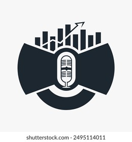 Podcast logo template for business and finance related topics or scale of economics. The arrow going up in the bar graph showing growth and success. Trending topics related broadcasting radio show.