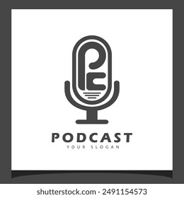 Podcast Logo template concept with Letters P and C in the shape of a Microphone. Vector Podcast Logo Design