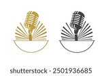 Podcast logo template. Mic microphone and sunrise illustration. Pro Vector