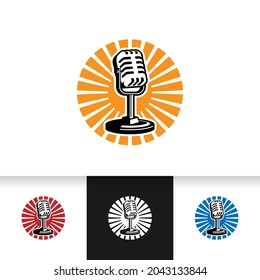 Podcast logo template. Mic microphone and sunrise illustration. Design element for karaoke, podcast, singer logo