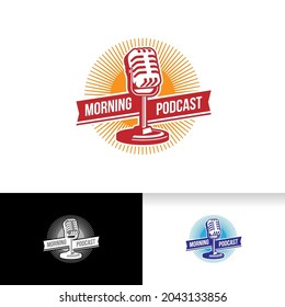 Podcast logo template. Mic microphone and sunrise illustration. Design element for karaoke, podcast, singer logo