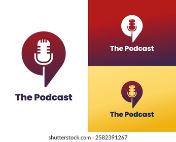 Podcast logo template with microphone icon and balloon text shape