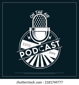 Podcast logo template, Podcast logo vector design. Podcast logo design template. Mic icon. Broadcasting. Audio, Studio. round logo template. white, dark background. spark icon