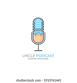 Podcast logo theme revolves around uncle or elderly world interview. Podcast logo icon of uncle with thick beard