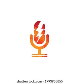 Podcast logo with thunder. Microphone vector logo design. With lightning / powerful concept.
