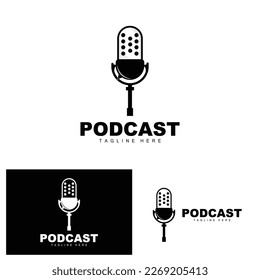 Podcast-Logo, Vektorgrafik, Headset und Chat, einfaches Vintage-Mikrofon-Design