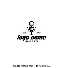 podcast logo vector. mic silhouette icon with sport ball. modern vintage look and fresh content new concept. apply to internet web design, smart mobile phone, apps, office business wall