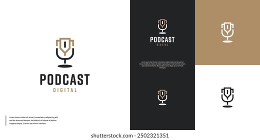 Logo de podcast con tema del Trofeo de la Victoria, competencia, estilo minimalista, Plantilla de Vector de diseño.