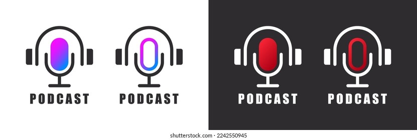Podcast logos. Podcast concept icon. Podcast microphone with headphones. Vector image
