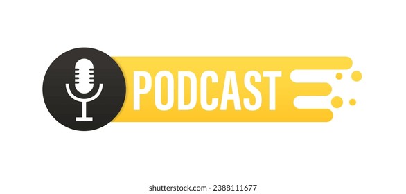 Podcast logos and symbols, icons with studio microphone in black,white and yellow.Emblems for broadcast,news and radio streaming. Vector illustration